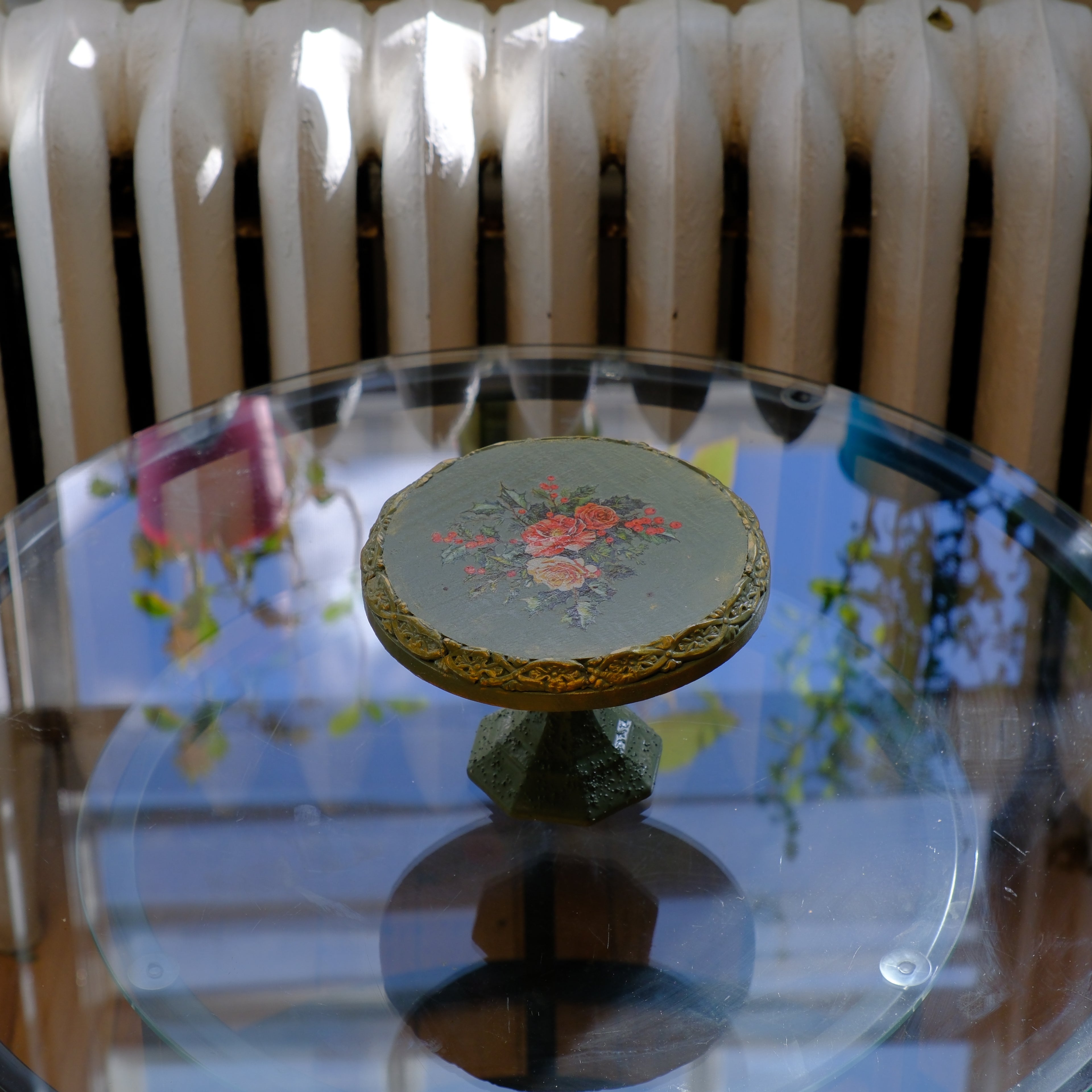 Vintage Sage Green Floral Cake Stand with Ornate Pedestal Base