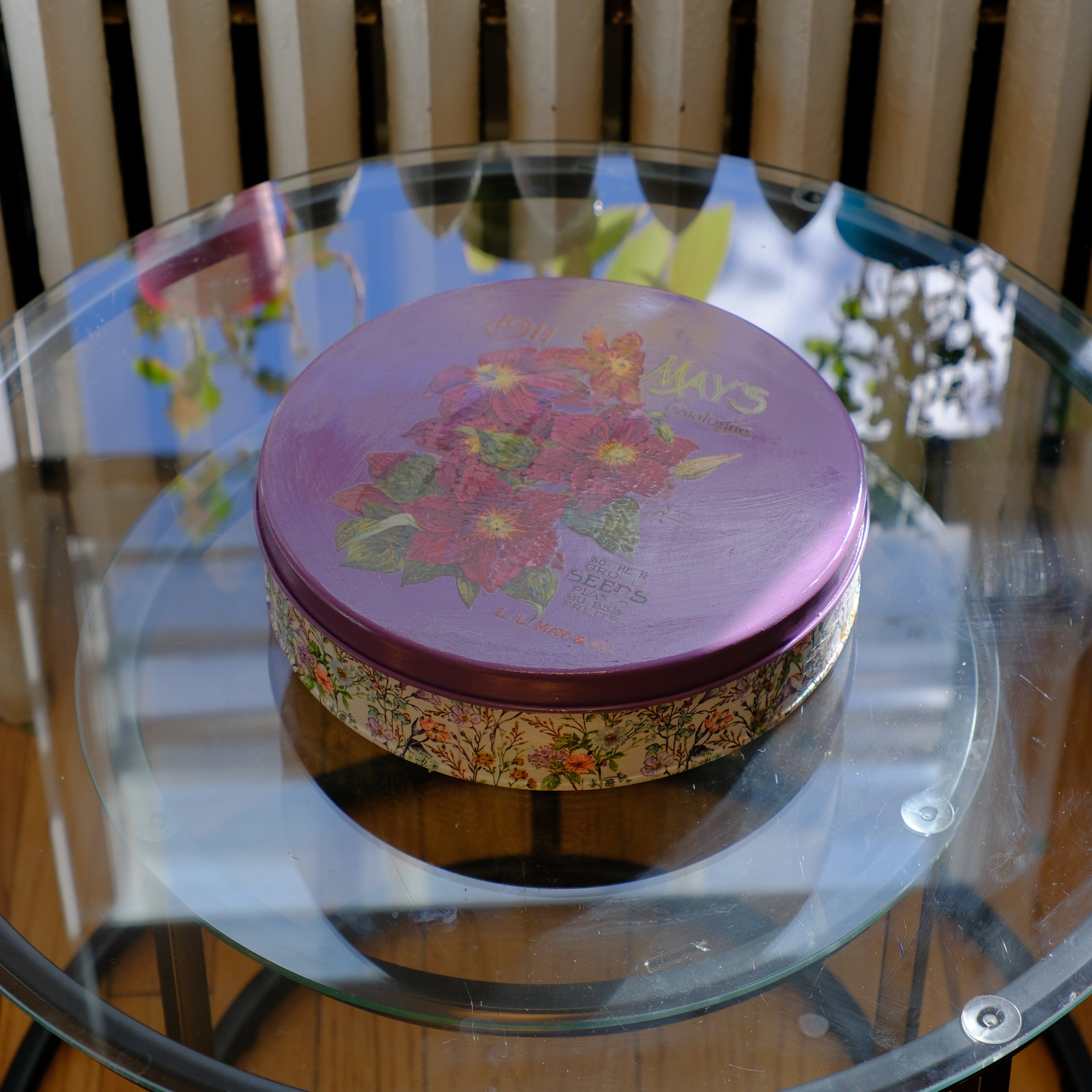 Vintage Purple Floral Decorative Storage Tin with Botanical Design