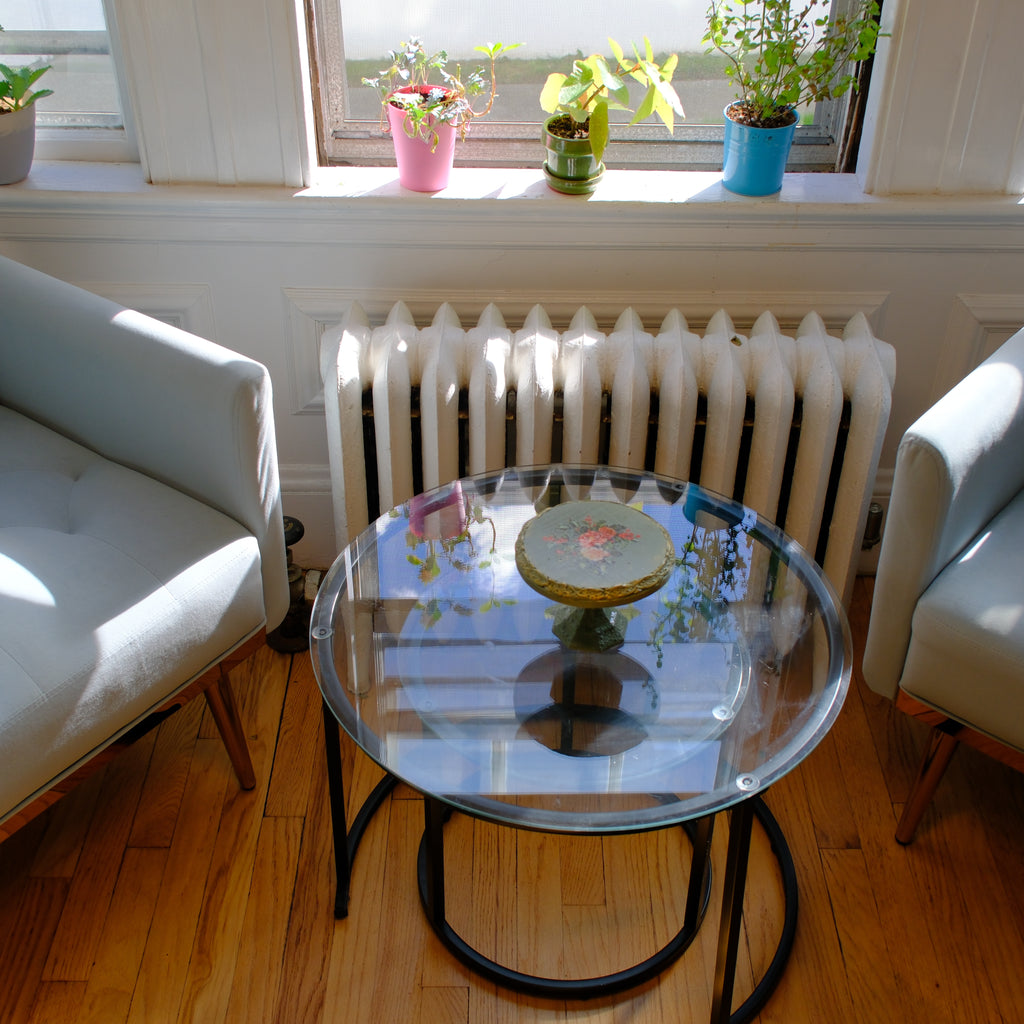 Vintage Sage Green Floral Cake Stand with Ornate Pedestal Base