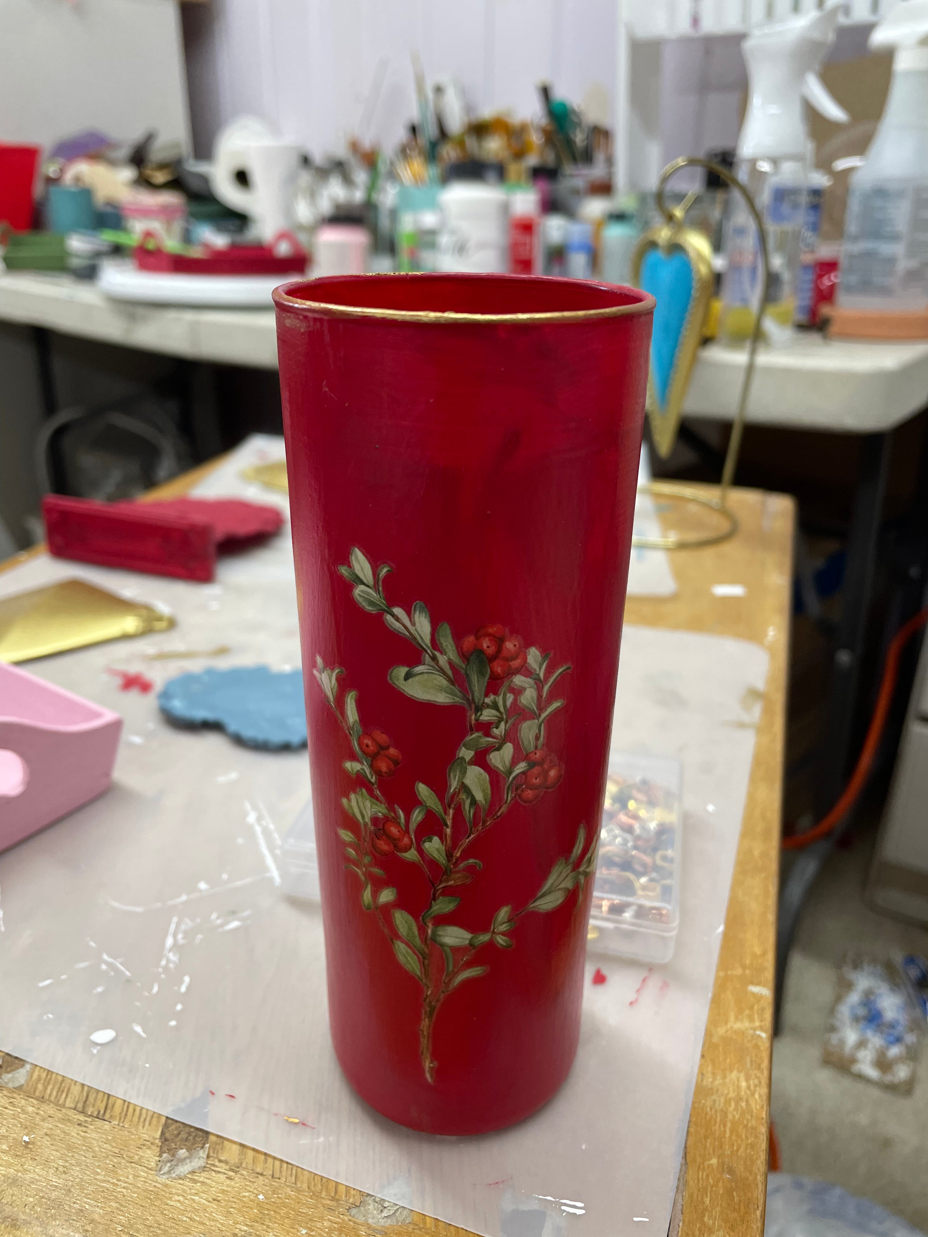 Elegant Red Ceramic Vase with Botanical Design