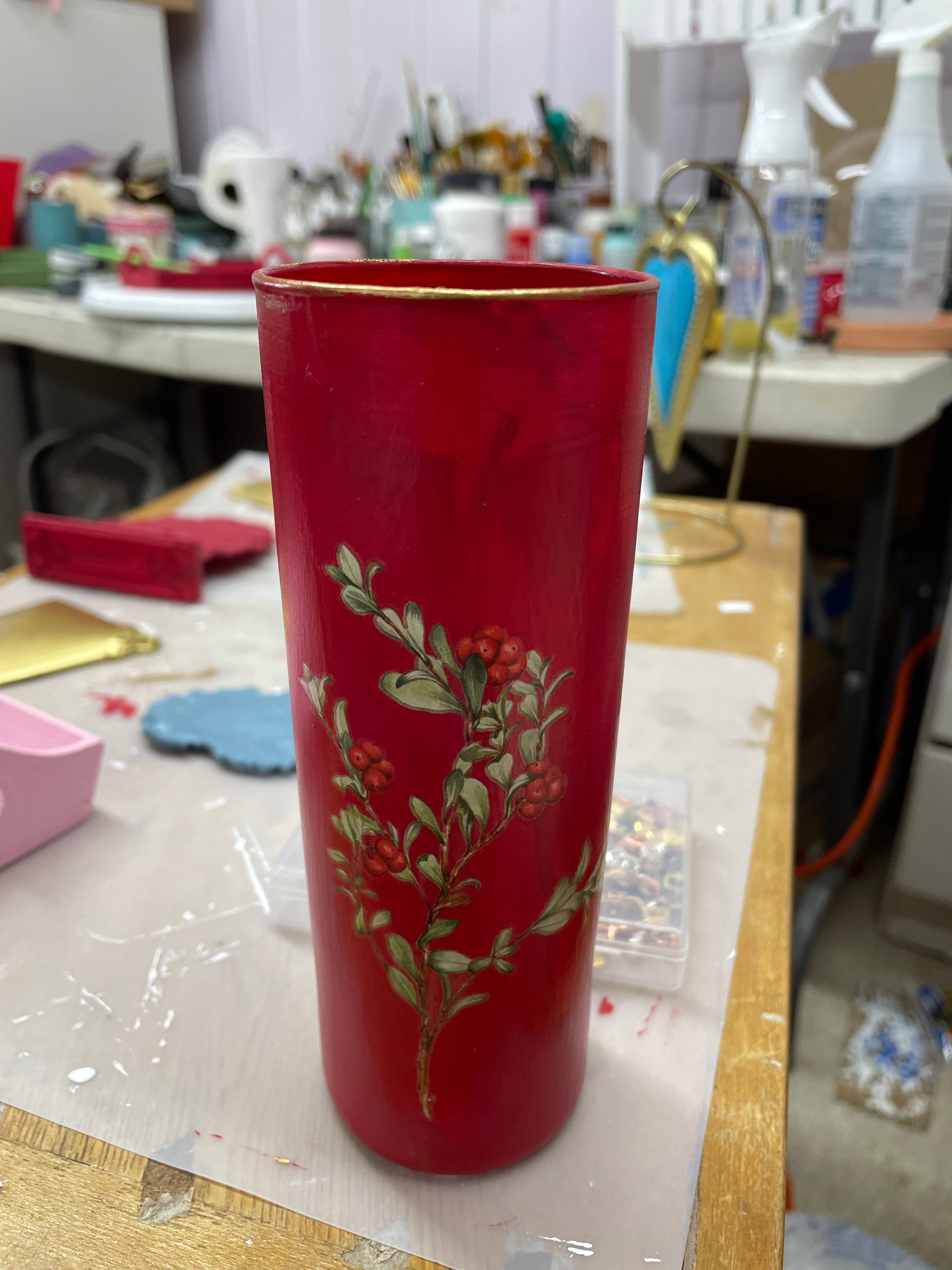 Elegant Red Ceramic Vase with Botanical Design