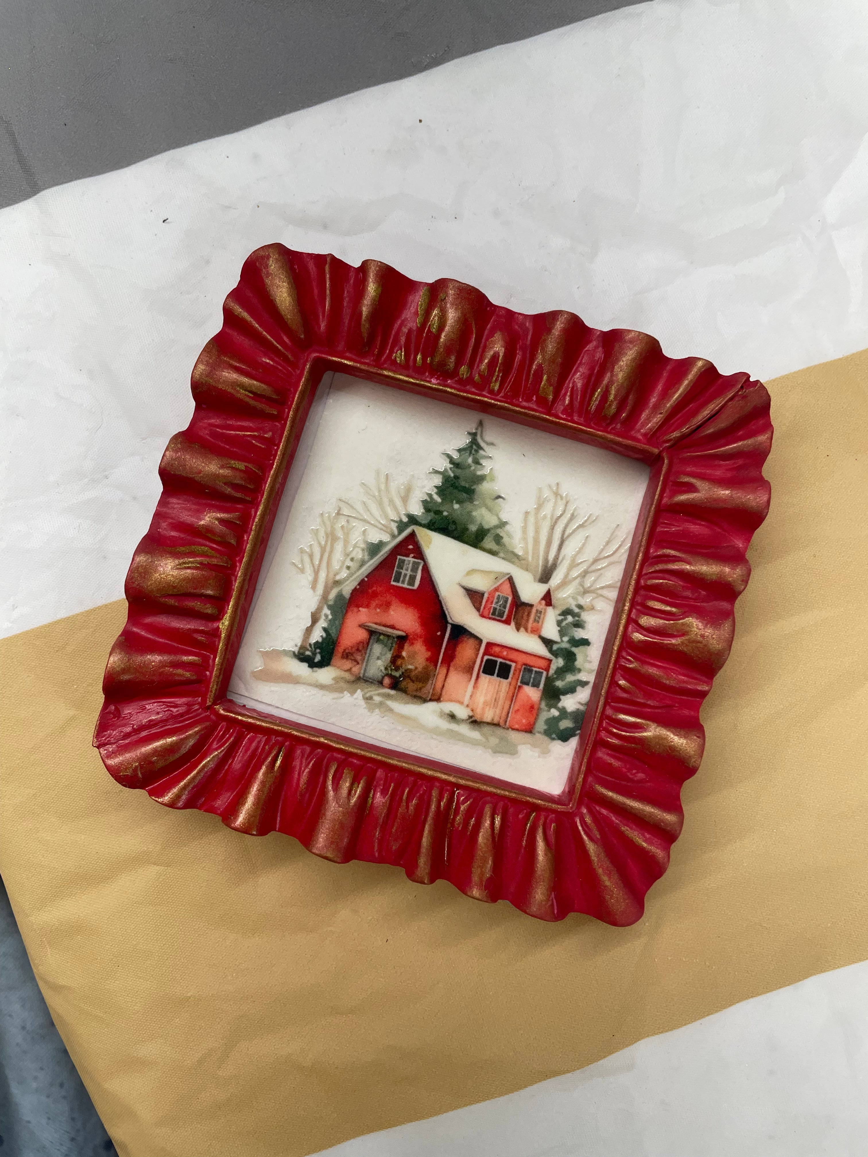 Vintage Red Resin Picture Frame with Winter Cottage Scene