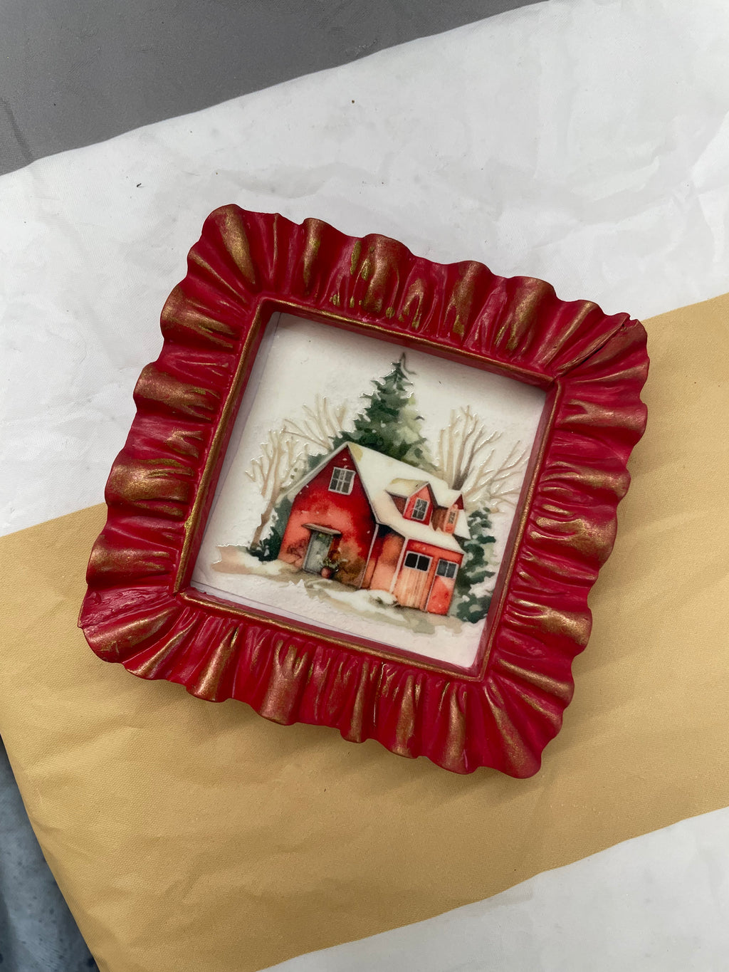 Vintage Red Resin Picture Frame with Winter Cottage Scene